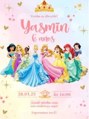 Convite de Aniversário Princesas Disney para Editar Online