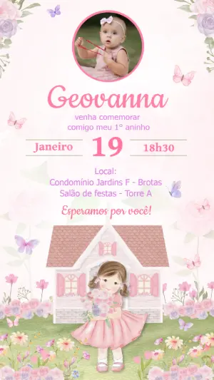 Convite Aniversário Casa de Boneca com Foto para Editar Online