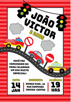 Convite de Aniversário Meios de Transporte Editável Online