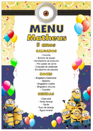 Cardápio de Aniversário Minions para Editar Online