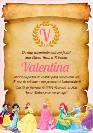 Convite Aniversário Princesas Disney para Editar Online