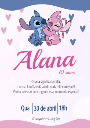 Convite Aniversário Stitch e Angel para Editar Online