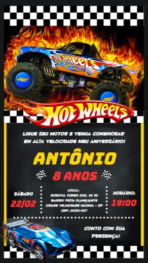 Convite Aniversário Hot Wheels Monster Trucks para Editar Online