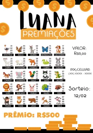 Cartela de Rifa dos Bichos Editável para Sorteio de Prêmios