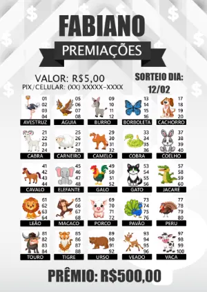 Cartela de Rifa de Bicho com Animais para Editar Online