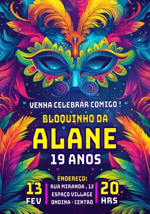 Convite de Aniversário Carnaval com Máscara Colorida para Editar
