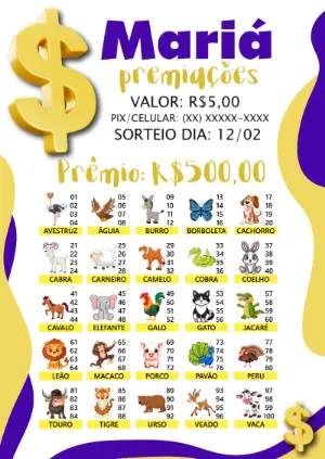 Rifa Jogo do Bicho com Animais para Editar Online