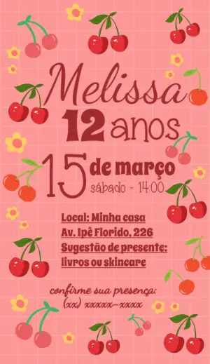 Convite de Aniversário Tema Cerejinha para Editar Online