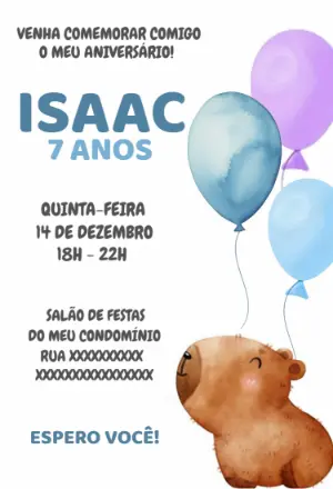 Convite de Aniversário Capivara Fofa para Editar Online