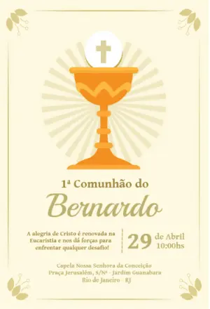 Convite Primeira Comunhão com Cálice Dourado para Editar Online