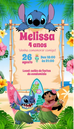 Convite Aniversário Lilo e Stitch para Editar Online