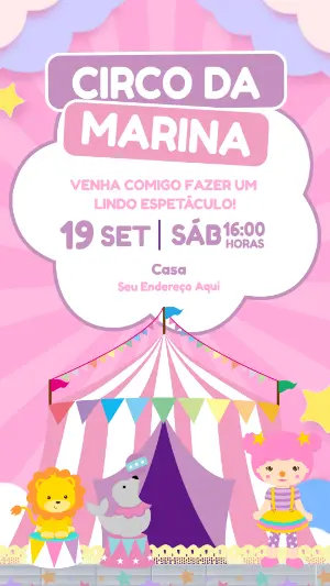 Convite Aniversário Circo Rosa com Animais para Editar Online