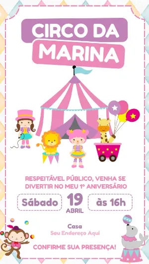 Convite de Aniversário Circo Rosa com Animais Fofos para Editar