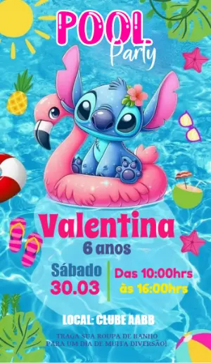 Convite Aniversário Pool Party Stitch para Editar Online