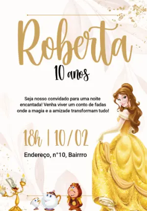 Convite de Aniversário A Bela e a Fera para Editar Online
