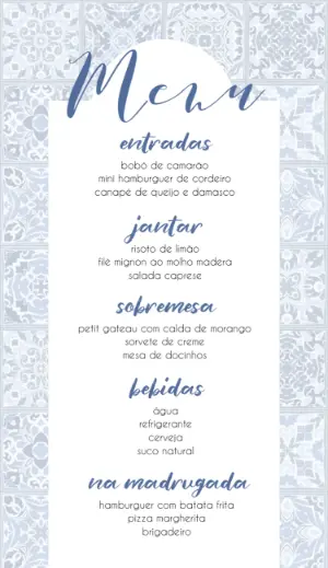Menu de Casamento Azulejo Azul para Editar Online