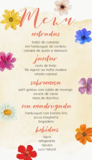 Menu de Casamento Floral Aquarela para Editar Online