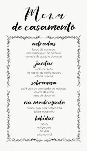 Menu de Casamento Minimalista Preto e Branco para Editar Online