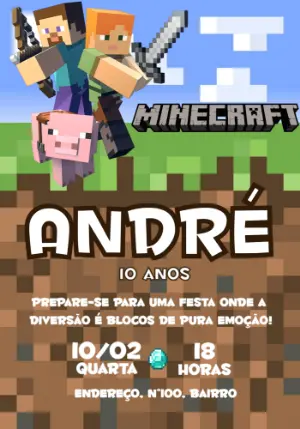 Convite de Aniversário Minecraft com Personagens para Editar Online
