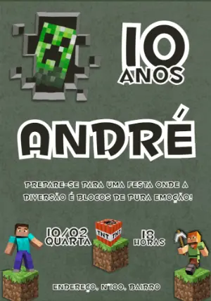 Convite Aniversário Minecraft com Personagens para Editar