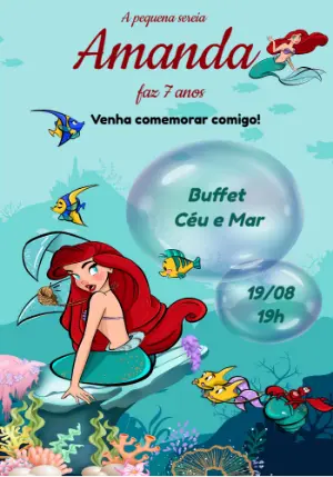 Convite Aniversário Pequena Sereia Ariel para Editar Online