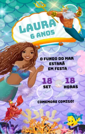 Convite Aniversário Pequena Sereia para Editar Online