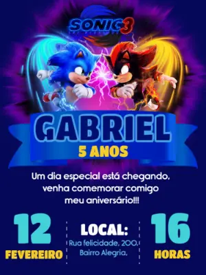 Convite Aniversário Sonic 3 com Shadow para Editar Online
