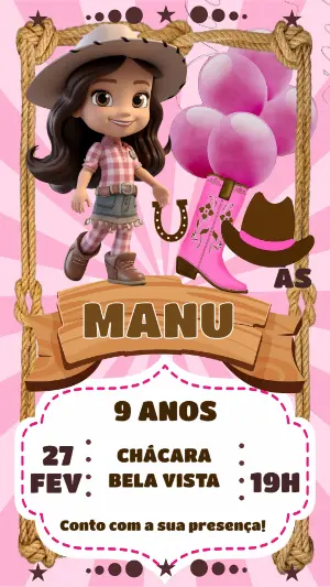 Convite Aniversário Boiadeira Rosa para Editar Online
