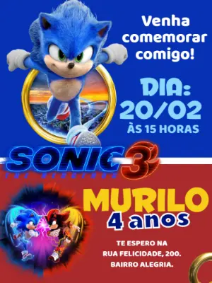 Convite Aniversário Sonic 3 para Editar Online