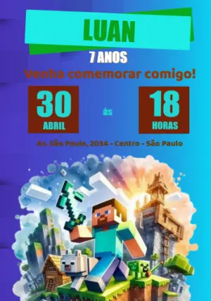 Convite de Aniversário Minecraft com Blocos para Editar Online
