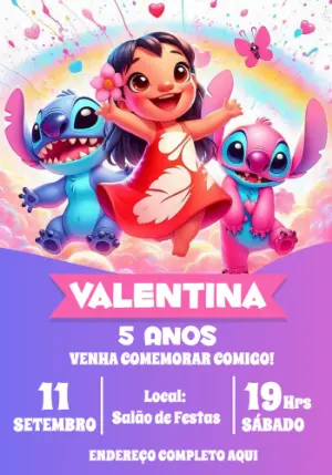 Convite de Aniversário Lilo, Stitch e Angel para Editar Online