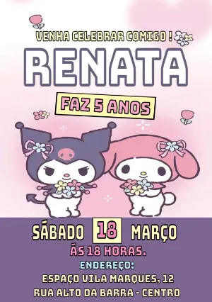 Convite de Aniversário Kuromi e My Melody para Editar