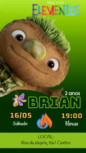 Convite Aniversário Elemental com Personagens para Editar Online