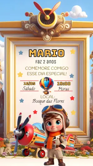 Convite de Aniversário Menino Aviador para Editar Online
