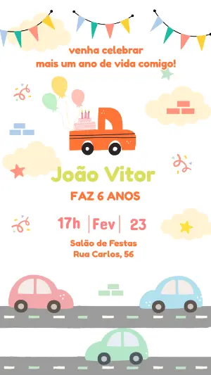 Convite de Aniversário Infantil Carros Coloridos para Editar