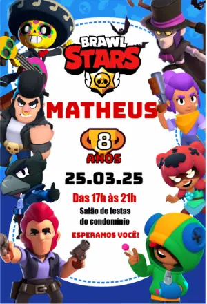 Convite Aniversário Brawl Stars com Personagens para Editar Online