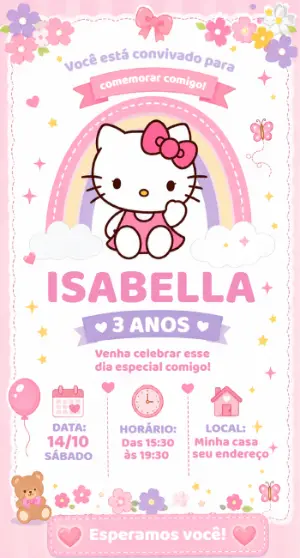 Convite de Aniversário Hello Kitty Rosa Modelo Editável