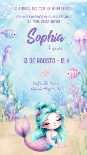 Convite Pequena Sereia Fundo do Mar Aquarela para Editar