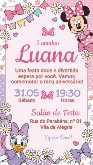 Convite de Aniversário Minnie e Margarida Rosa Editável