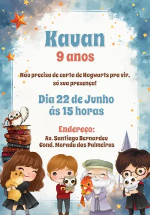 Convite Aniversário Harry Potter com Personagens para Editar Online