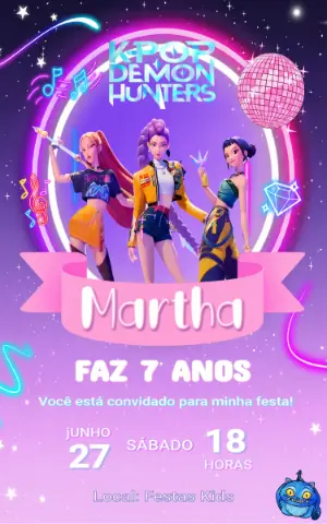 Convite Aniversário K-pop Guerreiras Neon para Editar