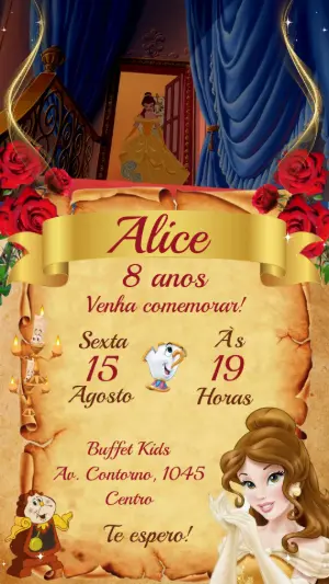 Convite Animado A Bela e a Fera Aniversário para Editar Online