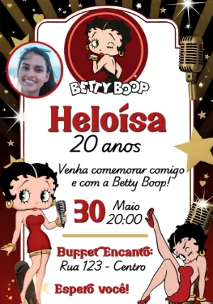 Convite de Aniversário Betty Boop Retrô com Foto Editável