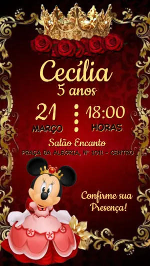 Convite Minnie Realeza Vermelho e Dourado para Editar