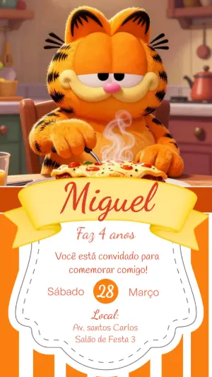 Convite de Aniversário Garfield Laranja e Divertido para Editar