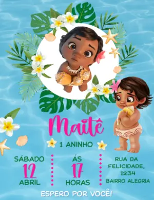 Convite de Aniversário Moana Baby para Editar Online
