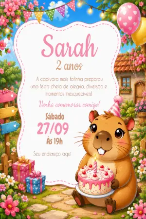 Convite de Aniversário Capivara Fofa para Editar e Imprimir