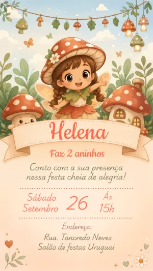 Convite de Aniversário Bosque e Cogumelos Modelo Editável