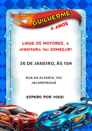 Convite de Aniversário Carros de Corrida Hotwheels Elétrico para Editar
