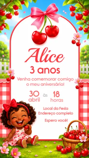 Convite Aniversário Tema Cerejinha Menina Modelo Editável